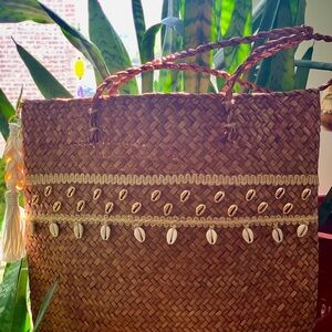 Brown Woven Tote Bag with Shell Accents